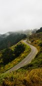 Road going uphill leading to a foggy mountain