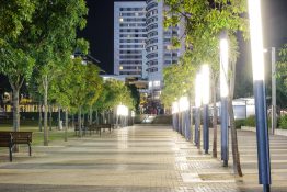 Walkway beside the Cathy Freeman park in Sydney Olympic Park leading up to the Pullman Hotel.