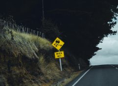 Slippery when wet road sign on a yellow background