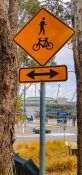 Road sign to indicate an area where pedestrians and bike riders can cross from